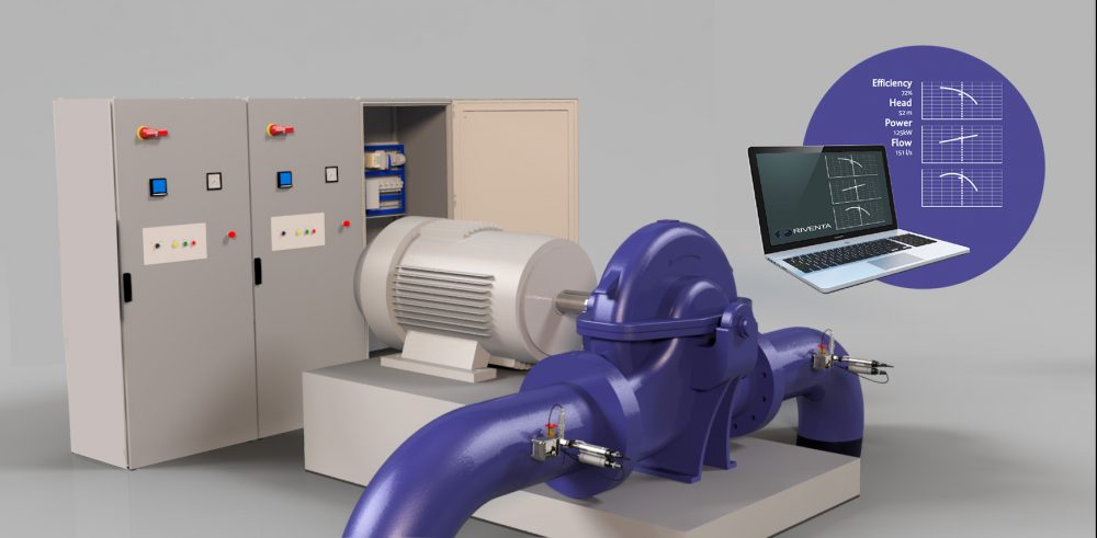 Render of Riventa testing equipment shown connected to a pump