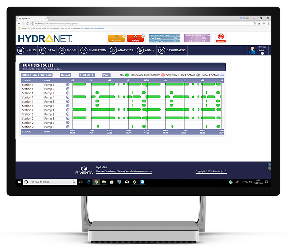 Riventa Hydranet software showing pump scheduling controls